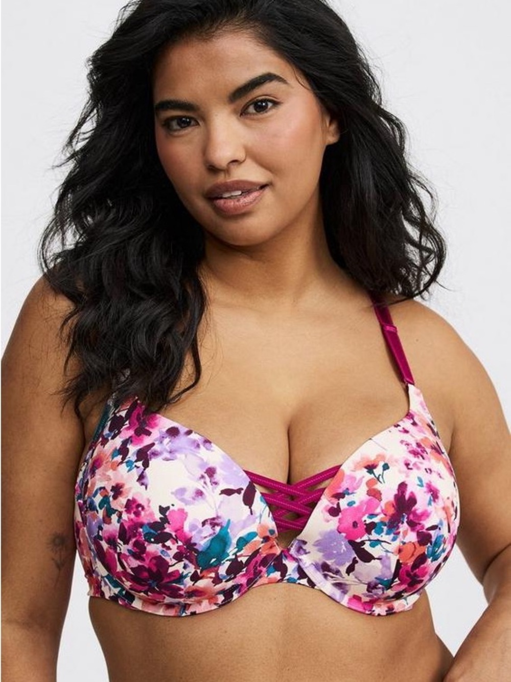 Floral Lace-Up XO Plunge Push Up Underwire Bra in Cream and Magenta - Picture 2 of 8